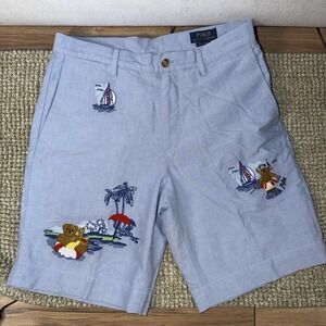 Polo Ralph Lauren Bear Embroidered Classic Fit Chambray 9" Shorts Men's 30 Beach